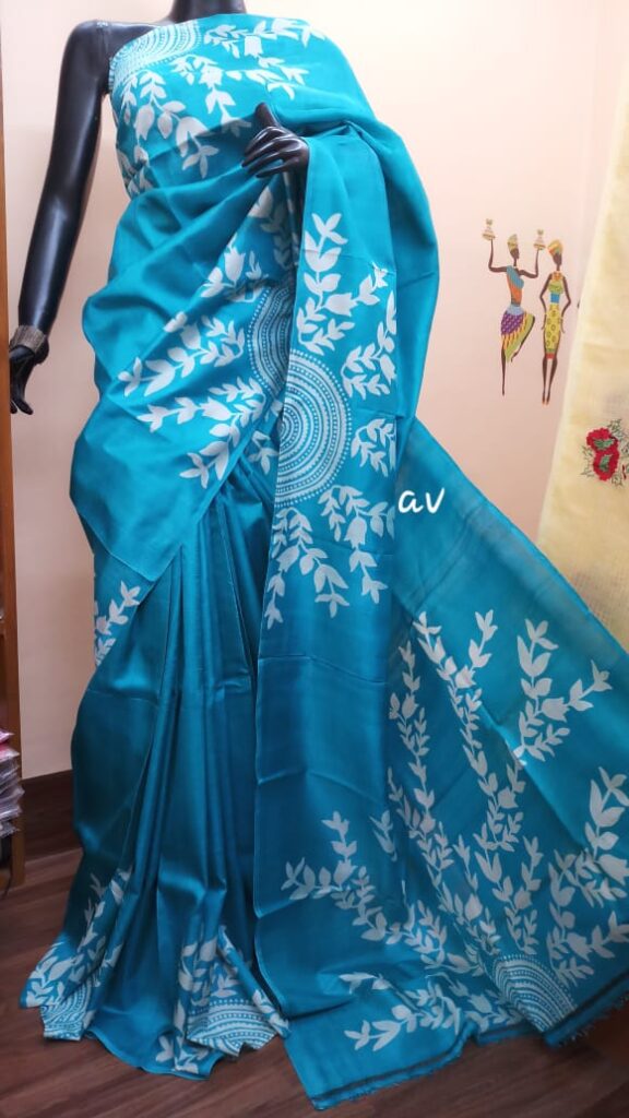 Murshidabad Silk Hand Painted Sky Blue Saree - Vinsa Fashion