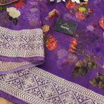 Beautiful Purple Organza Digital Printed Saree with Contrast Embroidery Borders