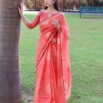 Beautiful Coral Linen Silk Saree