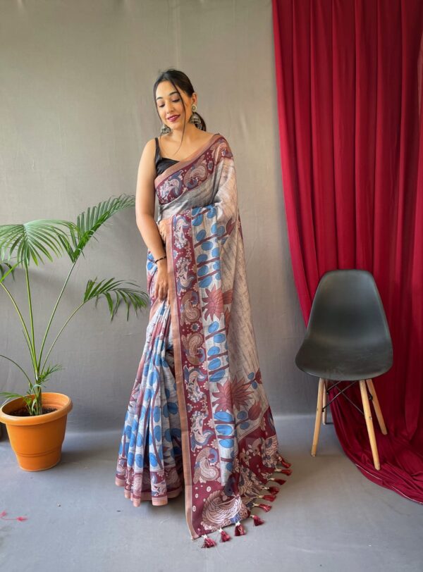 Beauitful Grey Kalamkari Printed Saree