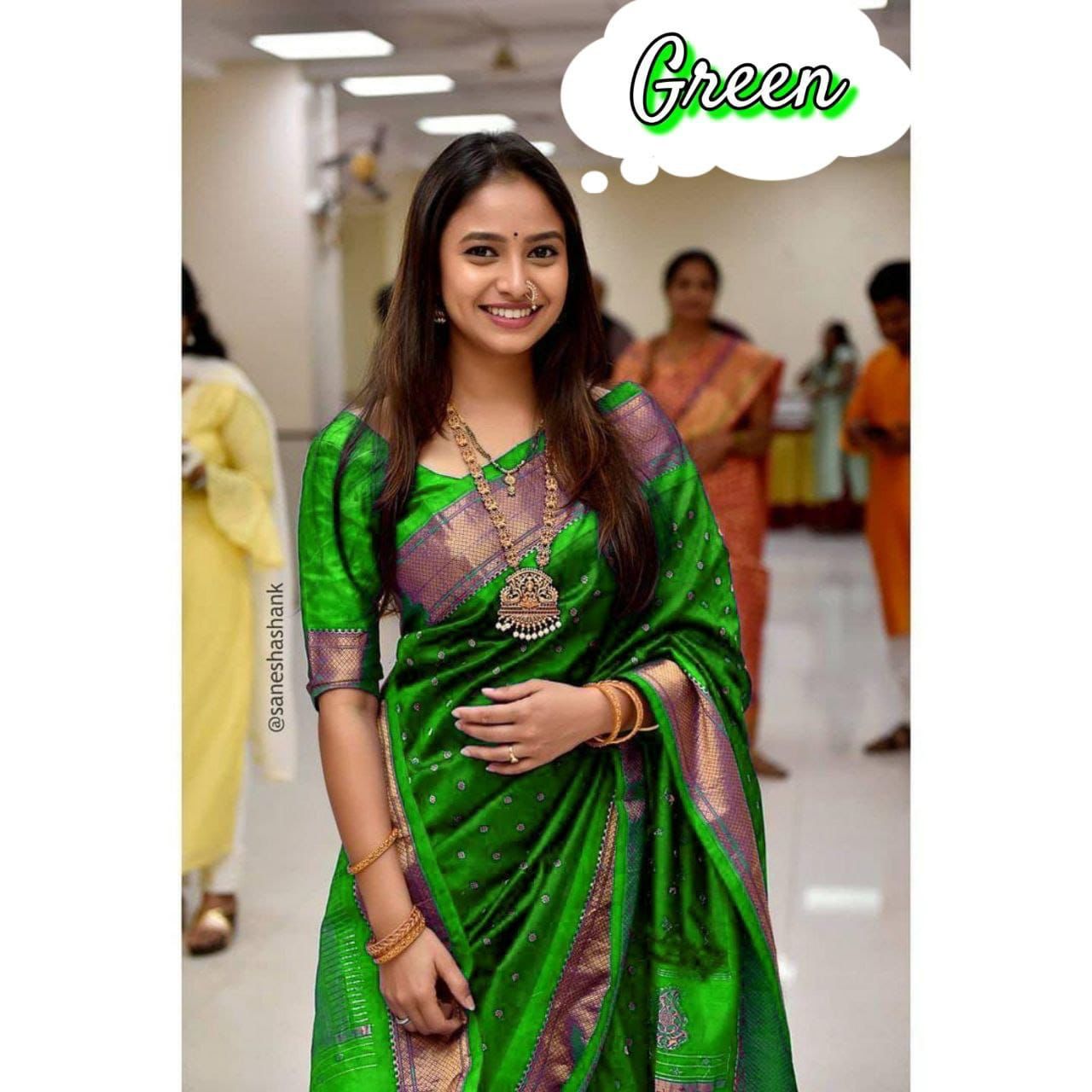 Rashmika Parrot Green: Paithani Soft Silk Kadiyal Double Pallu Saree |  Blouse piece, Soft silk sarees, Saree designs